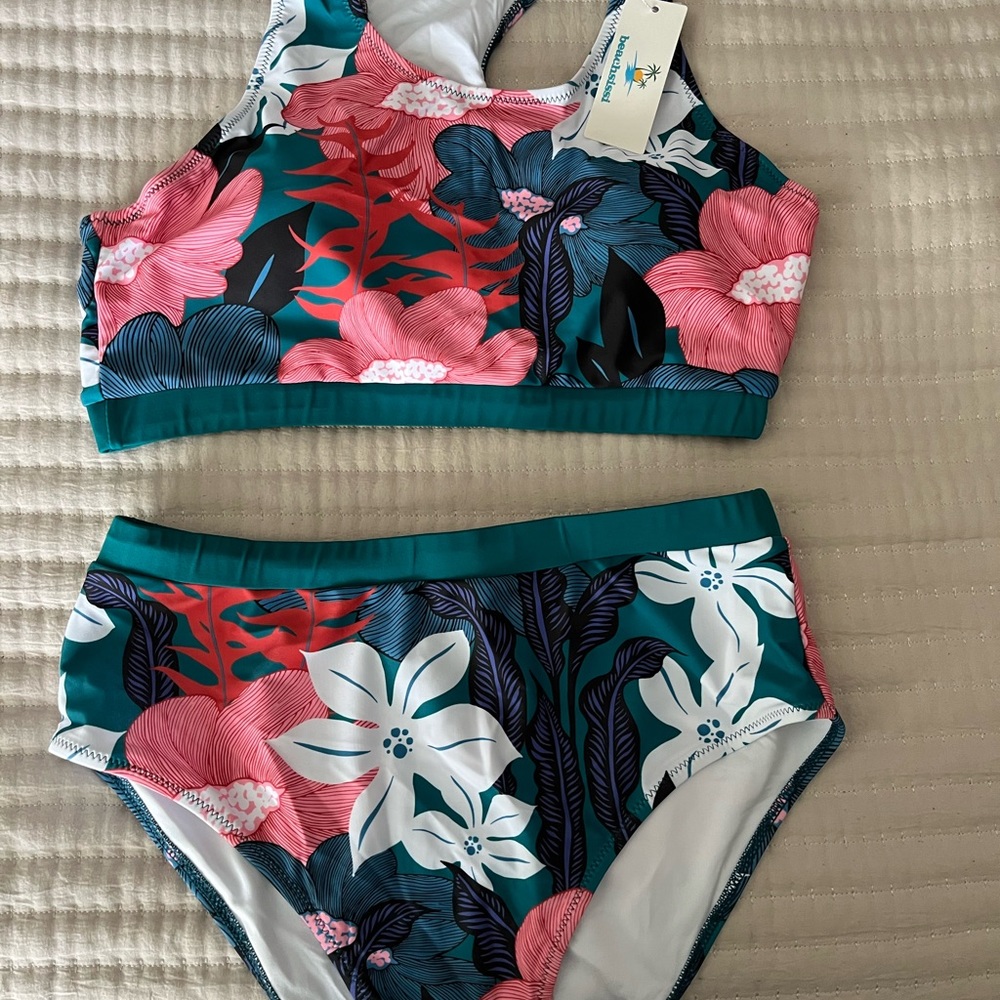 Womens Beachsissi XL Two Piece High Waisted Floral Bikini.